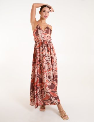 Paisley Printed Satin Wrap Maxi Dress - S/M / TERRACOTTA