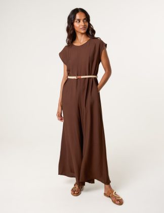 Plain Belted Jumpsuit - ONE / CHOCOLATE