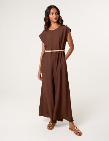 Plain Belted Jumpsuit - ONE / CHOCOLATE