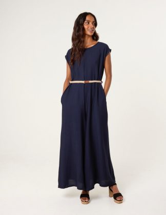 Plain Belted Jumpsuit - ONE / NAVY